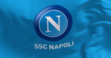 Napoli, IT, Mart 2023: Napoli futbol takımının bayrağı sallanıyor. İllüstrasyon 3d illüstrasyon canlandırması. Seçici odaklanma. Dalgalanan tekstil
