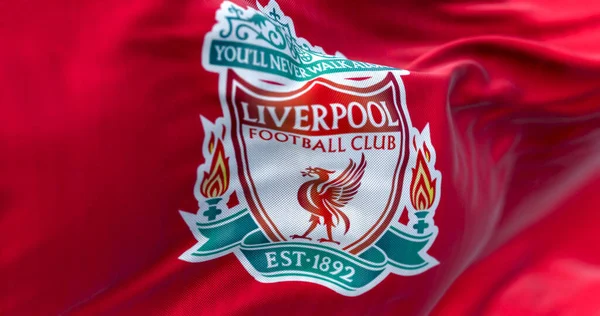 Liverpool Reino Unido Abril 2023 Bandeira Liverpool Football Club Acenando — Fotografia de Stock