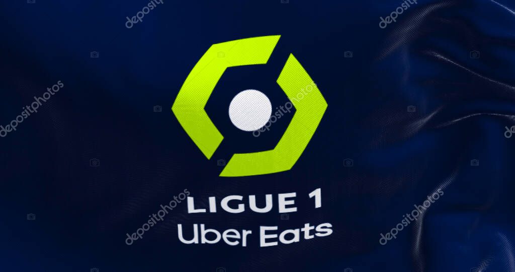 Paris, FR, Apr. 2023: Ligue 1 flag waving in the wind. Ligue 1 is a French professional league for men association football clubs. Illustrative editorial 3d illustration render