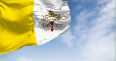 Vatikan bayrağı açık bir günde rüzgarda sallanıyor. Altın ve beyazın dikey iki rengi ve beyaz arması beyaz kısma odaklı. 3D illüstrasyon canlandırıcı. Çırpınan kumaş