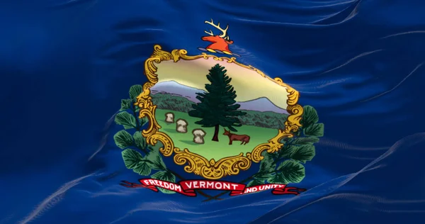 佛蒙特州的国旗在风中飘扬 蓝色背景下的臂章和座右铭 自由与团结 3D插图渲染 飘扬的面料背景 — 图库照片
