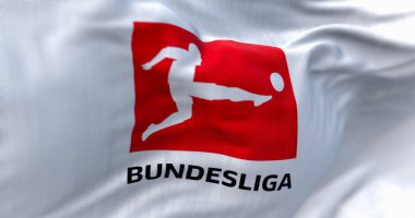 Münih, DE, Nisan 2023: Rüzgarda sallanan Bundesliga bayrağının yakın çekimi. Bundesliga, Almanya 'da bulunan profesyonel bir futbol ligi. Resimli 3d illüstrasyon oluşturucu.
