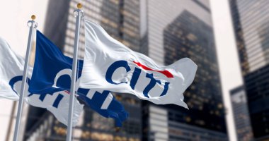 New York, US, March 2023: Flags with Citi logo waving in the wind in a financial district. Citi is an international financial services institution. Illustrative editorial 3d illustration render clipart