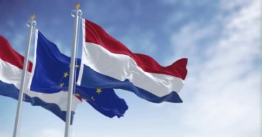 Hollanda ve Avrupa Birliği bayrakları açık bir günde dalgalanıyor. Kusursuz 3 boyutlu animasyon. Yavaş çekim döngüsü. Seçici odaklanma. Çırpınan kumaş