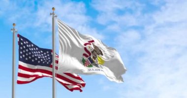 Illinois eyalet bayrağı açık bir günde Amerika Birleşik Devletleri bayrağıyla birlikte dalgalanıyor. Kusursuz 3 boyutlu animasyon. Yavaş çekim döngüsü. Seçici odaklanma. Kanat çırpan kumaş. Yakın plan.