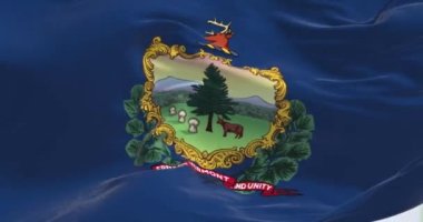 Rüzgarda dalgalanan Vermont bayrağı. Mavi arka planda Özgürlük ve Birlik sloganı. Kusursuz 3 boyutlu animasyon. Yavaş çekim döngüsü. Kanat çırpan kumaş. Yakın plan.