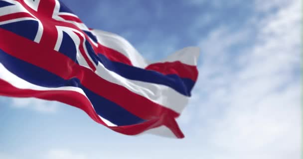 ハワイの旗は晴れた日に手を振っている 8本の水平ストライプの白 カントンのユニオンジャック シームレスな3Dレンダリングアニメーション スローモーションループ 選択的フォーカス フラッタリング生地 — ストック動画