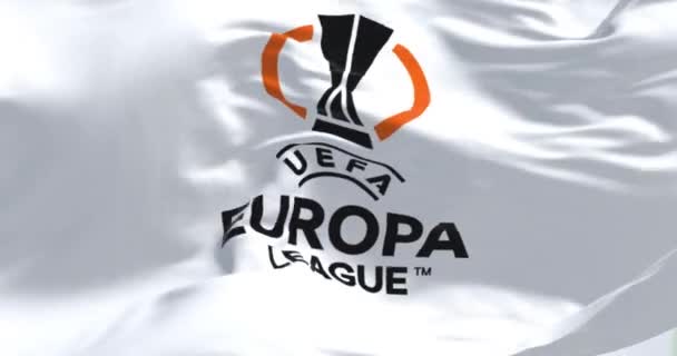 Будапешт 2023 Прапор Ліги Європи Уєфа Махаючи Прапорами Щорічним Футбольним — стокове відео