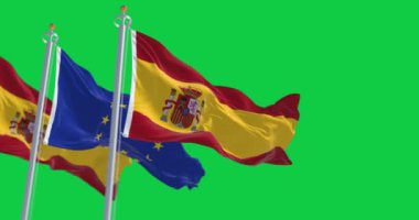 İspanya ve Avrupa Birliği 'nin bayrakları yeşil arka planda izole bir şekilde dalgalanıyor. Avrupa ülkesi. Kusursuz 3D canlandırma. Yeşil ekran mat. Alfa kanalı. Krom anahtar. Yavaş çekim döngüsü