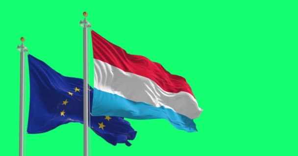 Люксембург Європейський Союз Прапори Махають Ізольовано Зеленому Тлі Безшумний Рендеринг — стокове відео