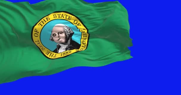 Washington State Flagga Viftar Isolerad Blå Bakgrund Sömlös Rendering Animation — Stockvideo