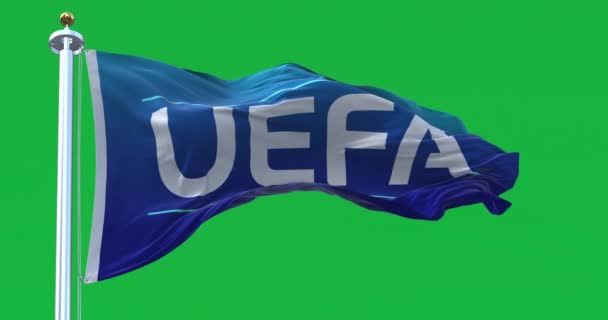 Nyon Abril 2023 Bandera Uefa Ondeando Aislada Sobre Fondo Verde — Vídeo de stock