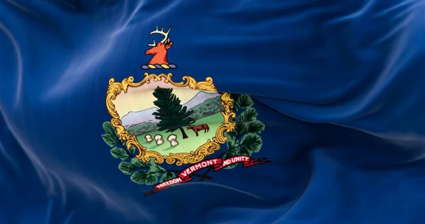 Flaga Stanu Vermont Trzepocze Wietrze Herb Motto Wolność Jedność Niebieskim — Zdjęcie stockowe