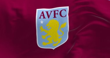 Birmingham, İngiltere, Şubat 2023: Aston Villa Futbol Kulübü bayrağı dalgalanıyor. Aston Villa, İngiliz profesyonel futbol kulübüdür. Kanat çırpan kumaş. İllüstrasyon 3d illüstrasyon canlandırması. Yakın plan.