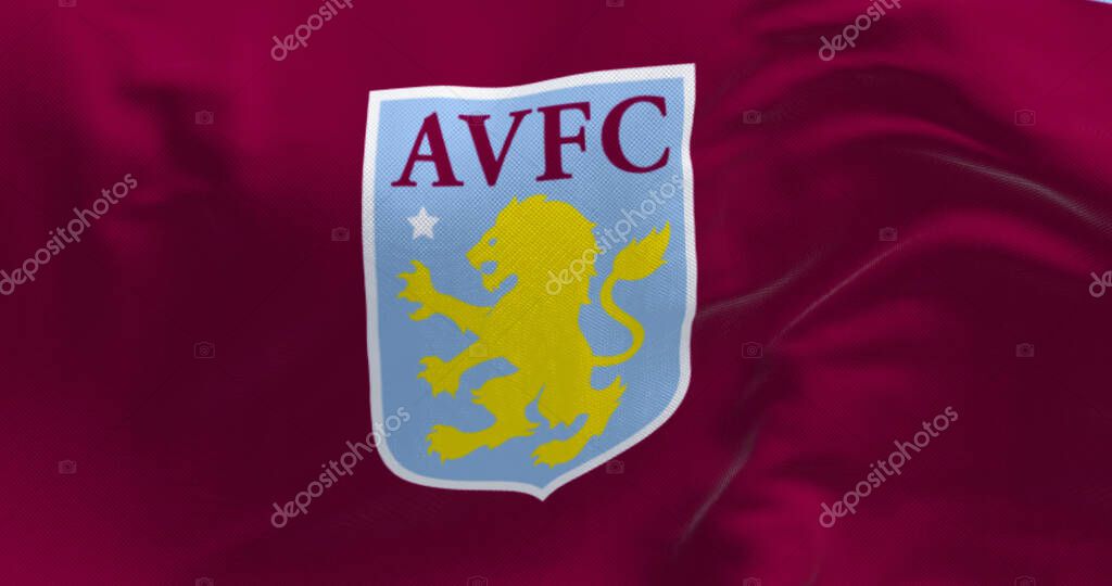 Birmingham, UK, Feb 2023: Aston Villa Football Club flag waving. Aston Villa is a english professional football club. Fluttering fabric. Illustrative editorial 3d illustration render. Close-up