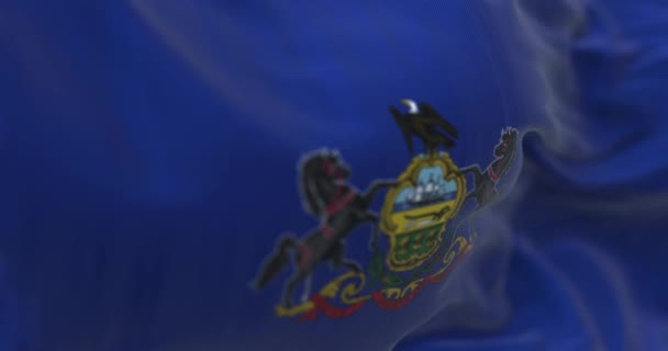 宾夕法尼亚州的国旗飘扬 蓝色的田野 有国徽 马与鹰之间的盾牌 顶上的鹰 无缝3D渲染动画 慢动作回圈有选择的重点 飘扬的面料 后续行动 — 图库视频影像