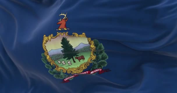 佛蒙特州的国旗在风中飘扬 蓝色背景下的臂章和座右铭 自由与团结 无缝3D渲染动画 慢动作回圈有选择的重点 飘扬的面料 后续行动 — 图库视频影像
