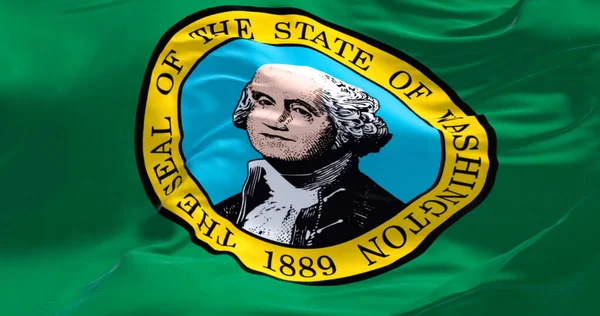Close-up of the Washington state flag waving in the wind. Green field with the state seal, a portrait of George Washington, in the center. 3d illustration render. Fluttering textile. Close-up