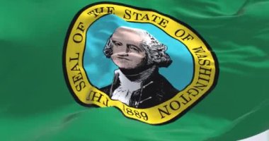 Washington eyaleti bayrağının yakın çekimi. Üzerinde eyalet mührü olan yeşil alan, ortada George Washington 'ın portresi. Kusursuz 3 boyutlu animasyon. Yavaş çekim döngüsü. Çırpınan kumaş