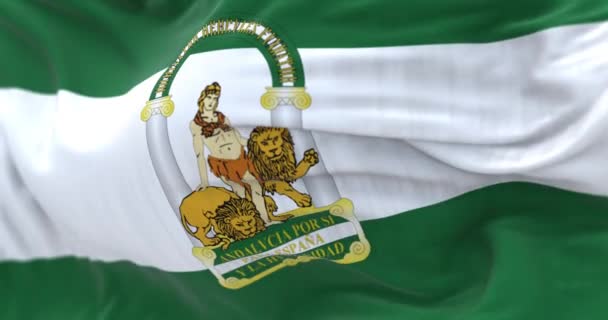 Vlajka Andalusie Mává Pruhy Zelená Bílá Zelená Zbrojní Plášť Střed — Stock video