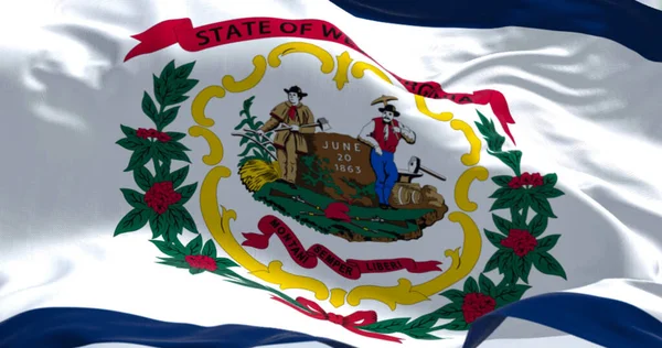 Bandeira Estado Virgínia Ocidental Acenar Vento Campo Branco Listra Azul — Fotografia de Stock