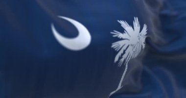Güney Carolina bayrağı dalgalanıyor. Beyaz palmetto ağacı ve hilal olan mavi tarla. Dalgalı kumaş. Kusursuz 3 boyutlu animasyon. Yavaş çekim döngüsü. Seçici odaklanma. Kanat çırpan kumaş. Yakın plan.