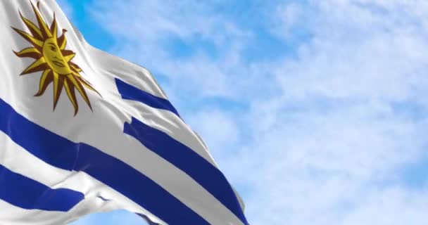 ウルグアイの旗は晴れた日に振っている 9本の縞模様 白と青が交互に 白色の正方形のSol Mayoがある シームレスな3Dレンダリングアニメーション スローモーションループ 選択的フォーカス フラッタリング生地 — ストック動画