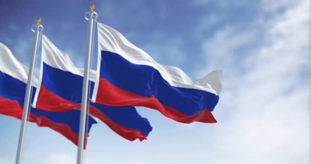 Tre Ryska Nationsflaggor Vinkar Klar Dag Vita Blå Och Röda — Stockvideo