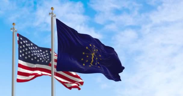 Indiana Állam Zászlója Lobogott Amerikai Egyesült Államok Nemzeti Zászlajával Egy — Stock videók