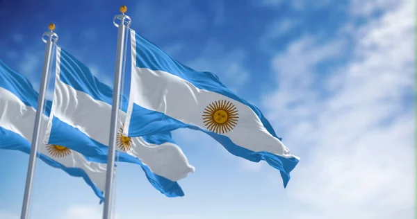 Tre Argentinska Flaggor Fladdrar Vinden Solig Dag Tre Lika Blå — Stockfoto