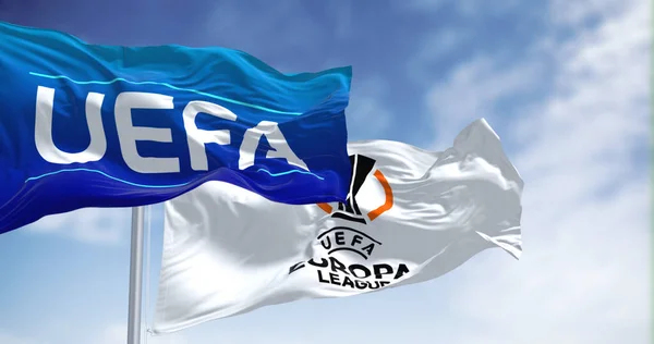 Budapest Hun Julho 2022 Bandeiras Uefa Liga Europa Acenando Vento — Fotografia de Stock