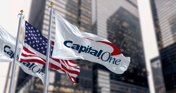 New York April 2023 Capital One Bank Flags Waving Financial — Stock Photo, Image