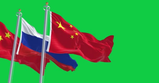 Les Drapeaux Chine Russie Agitant Isolés Sur Fond Vert Relations — Video