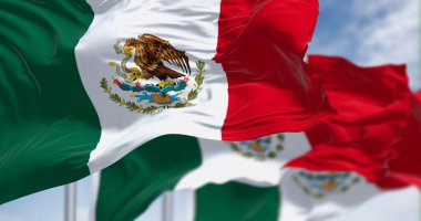 Rüzgarda sallanan üç Meksika bayrağı. Beyaz şeridin ortasında ulusal arma bulunan yeşil, beyaz ve kırmızı üç renkli dikey renk. 3 boyutlu illüstrasyon. Dalgalı tekstil