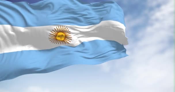Argentína Nemzeti Zászló Lengett Egy Napsütéses Napon Három Egyenlő Kék — Stock videók