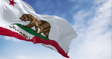 Kaliforniya eyalet bayrağı açık havada dalgalanıyor. Kaliforniya bayrağı aynı zamanda Ayı Bayrağı 'dır. 3D illüstrasyon canlandırıcı. Dalgalı Kumaş. Dokulu arka plan. Seçici odak