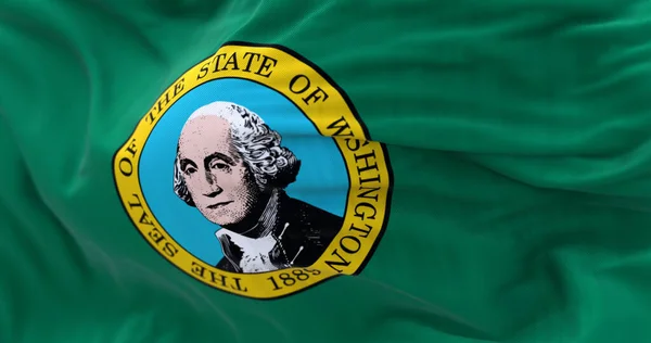 Close-up of the Washington state flag waving in the wind. Green field with the state seal, a portrait of George Washington, in the center. 3d illustration render. Selective focus. Close-up