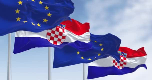 Croazia Unione Europea Sventolano Bandiere Una Giornata Limpida Membro Della — Video Stock