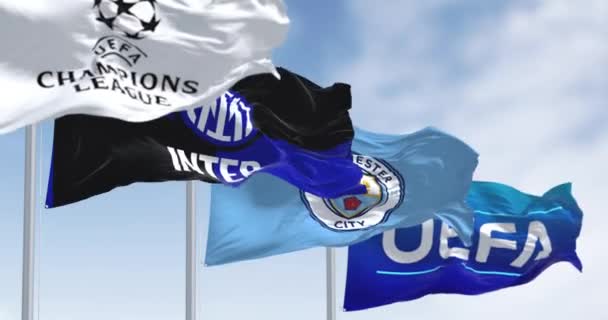 Istambul Maio 2023 Bandeiras Liga Dos Campeões Inter Milão Manchester — Vídeo de Stock