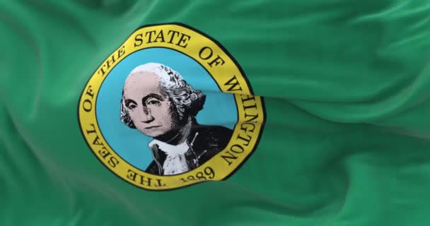 Washingtons Flagga Vinkar Grönt Fält Med Statssigill Ett Porträtt George — Stockvideo