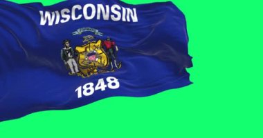 Wisconsin eyaleti bayrağı yeşil arka planda izole bir şekilde dalgalanıyor. Wisconsin armalı lacivert bayrak. Kusursuz 3D canlandırma animasyonu. Yeşil ekran mat. Alfa kanalı. Krom anahtar. Yavaş çekim döngüsü