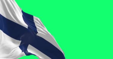 Yeşil arka planda izole edilmiş Finlandiya bayrağı sallanıyor. Beyaz arka planda mavi İskandinav haçı. Kusursuz 3D canlandırma animasyonu. Yeşil ekran mat. Alfa kanalı. Krom anahtar. Yavaş çekim döngüsü