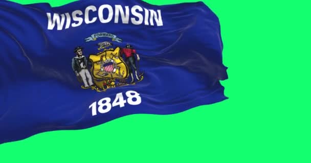 Bandera Del Estado Wisconsin Ondeando Aislada Sobre Fondo Verde Bandera — Vídeo de stock