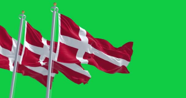 Τρεις Εθνικές Σημαίες Της Δανίας Που Κυματίζουν Απομονωμένες Πράσινο Φόντο — Αρχείο Βίντεο