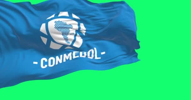 Luque April 2023 Conmebol Flag Waving Green Background 南美足球联合会 无缝3D渲染动画 — 图库视频影像