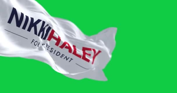 华盛顿特区 2023年 Nikki Haley 2024年总统竞选旗帜在绿色背景下飘扬 无缝3D渲染动画 绿色屏幕垫 阿尔法频道铬键 慢动作回路 — 图库视频影像