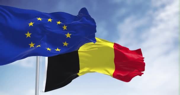 Belgien Und Die Europäische Union Schwenken Einem Klaren Tag Gemeinsam — Stockvideo