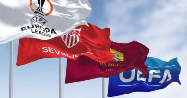 Будапешт Май 2023 Флаги Лиги Европы Севилья Рома Уефа Финал — стоковое видео