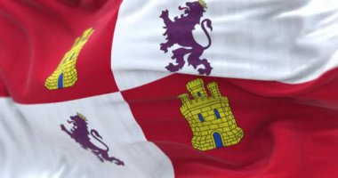 Kastilya ve Leon bayrağının yakın çekimi. İspanya 'nın kuzeybatısındaki özerk topluluk. Kusursuz 3 boyutlu animasyon. Yavaş çekim döngüsü. Seçici odaklanma. Kanat çırpan kumaş. Yakın plan.