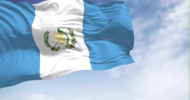 Guatemala ulusal bayrağı açık havada dalgalanıyor. Dikey üç bantlı gökyüzü mavi, beyaz ve Ulusal Amblem beyaz bantlara odaklı. Kusursuz 3D canlandırma. Yavaş çekim döngüsü. Çırpınan kumaş